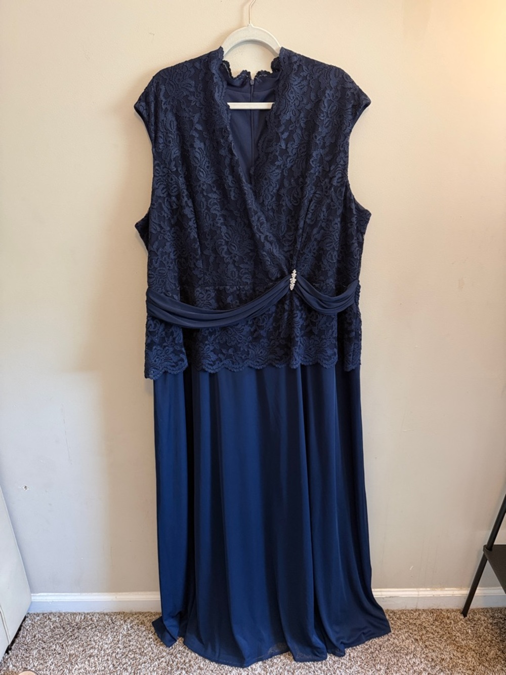 New - Onyx Navy Lace Drape-Detail Evening Gown